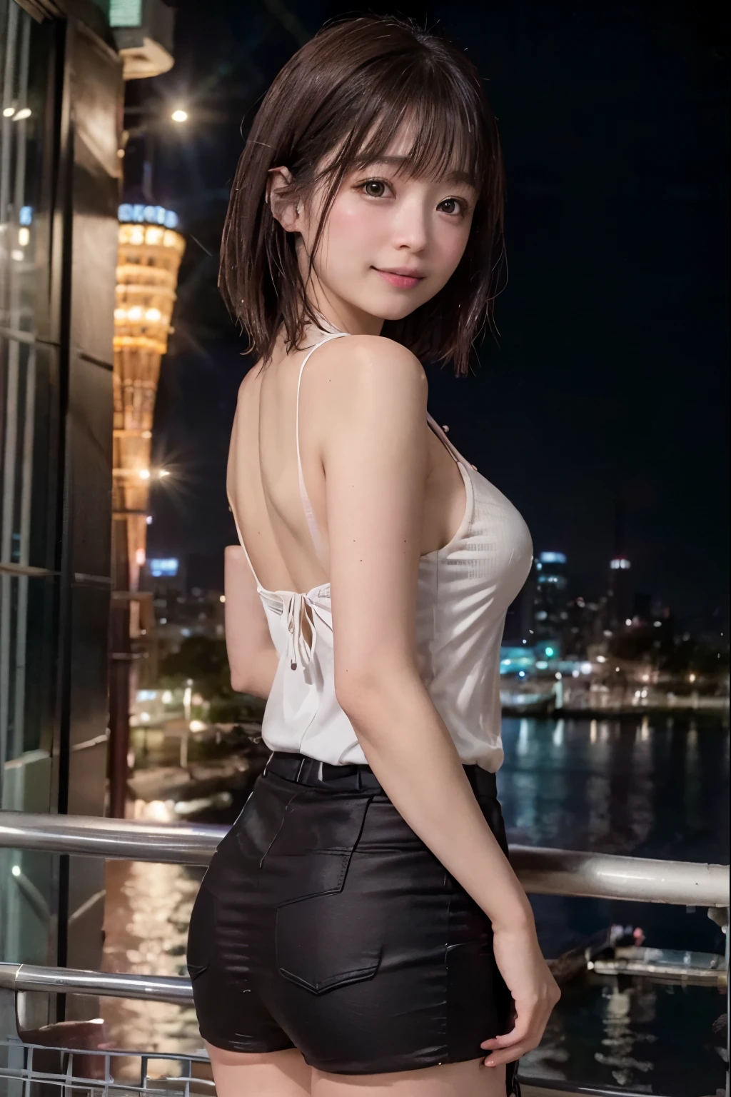 SFW,
Outside,
porttower, kaiyomuseum, city lights, reflection, neon lights,
Water-Front, deck,
1 Japanese Girl, Short Bob Cut, Wide-Set Eyes, Pale Skinned, Bashfully, Blush, 18-Year-Old, Open Mouse Slightly,
Perfectly anatomically correct,
(office lady suit),
Brown Hair, Wet Hair, Messy Hair,
Ecstasy, Light Smiling,
Looking Back Viewer,
Dynamic Angle, from Below,
8K, RAW Photo, Best Quality, Masterpiece, Realistic, PhotoRealistic, Extremely Detailed 8K Wallpaper, Beautifully Detailed Eyes, Finely Detailed Face,
Professional Lighting, Cinematic Lighting, bokeh