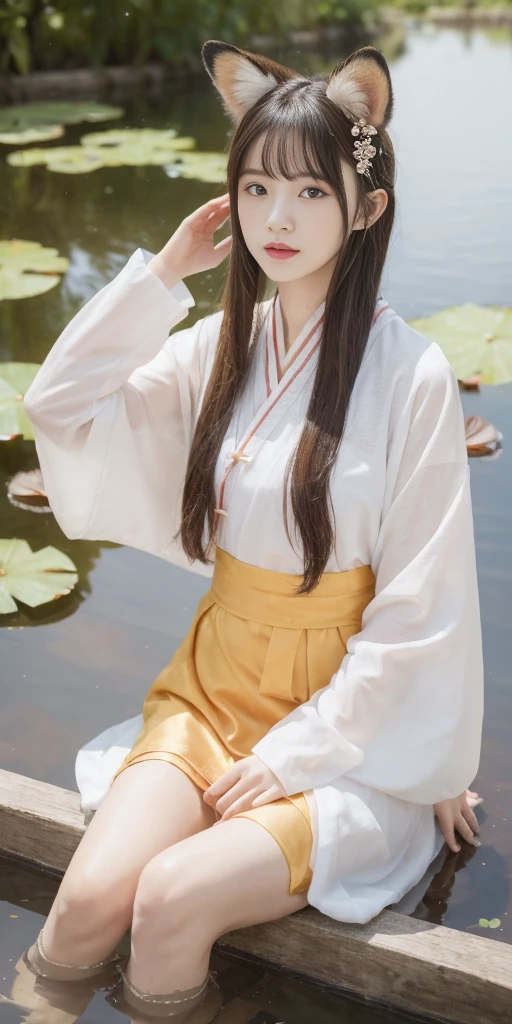 absurdres, highres, ultra detailed, (1girl:1.3), hand drawn, simple line, 16yo girl in colorful Chinese Hanfu, sexy girl with fox ears, at the lotus pond, masterpiece, sitting in water, floating clothes, floating hair