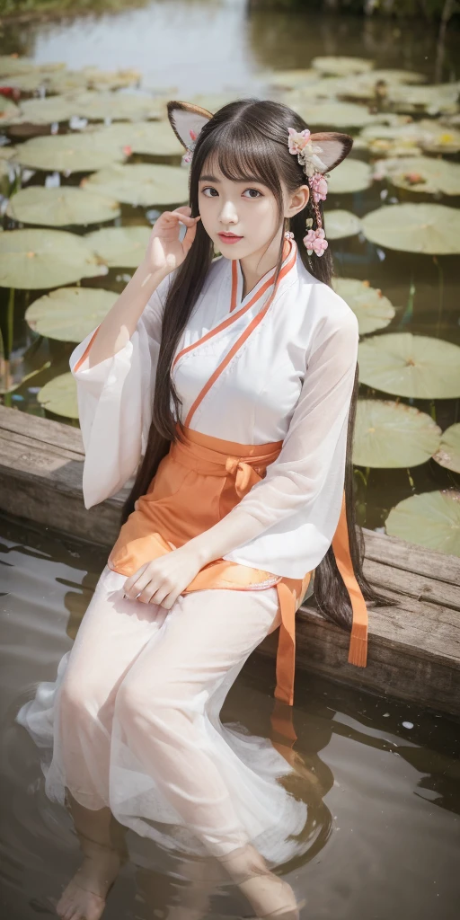 absurdres, highres, ultra detailed, (1girl:1.3), hand drawn, simple line, 16yo girl in colorful Chinese Hanfu, sexy girl with fox ears, at the lotus pond, masterpiece, sitting in water, floating clothes, floating hair