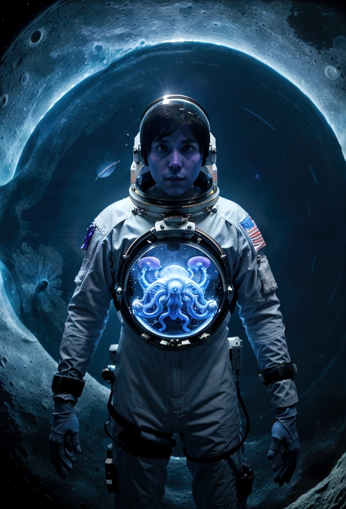 An astronaut surrounded by blue and purple jellyfish, in space, with the moon and planets in the background, People ,tentacles, Full of dreams,3d,A high resolution, high quality, Awesome work, masterful work, Science fiction,