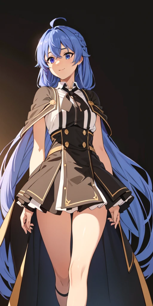 1girl,solo,full body,standing,(blue hair:1.2),long hair,twin braids,ahoge,(blue eyes:1.2),(beautiful fingers:1.2),(perfect anatomy:1.4),(arms_behind_back:1.4),(cold_shoulder:1.2),masterpiece,best quality,(Ultra high definition eyes:1.2),8k,(Beautiful detailed eyes:1.2),(Fine and beautiful eyes:1.2),(pretty eyes:1.2),finely detail,extremely CG, absurdres,high resolution,illustration,Detailed and beautiful outlines,finely detail,high resolution,(colorful refraction:1.4,Increase saturation:1.2),beautiful lighting,dynamic lighting,closed room,black background,simple background, smile,looking at viewer,white dress, neck ribbon, black ribbon, black skirt, brown cape