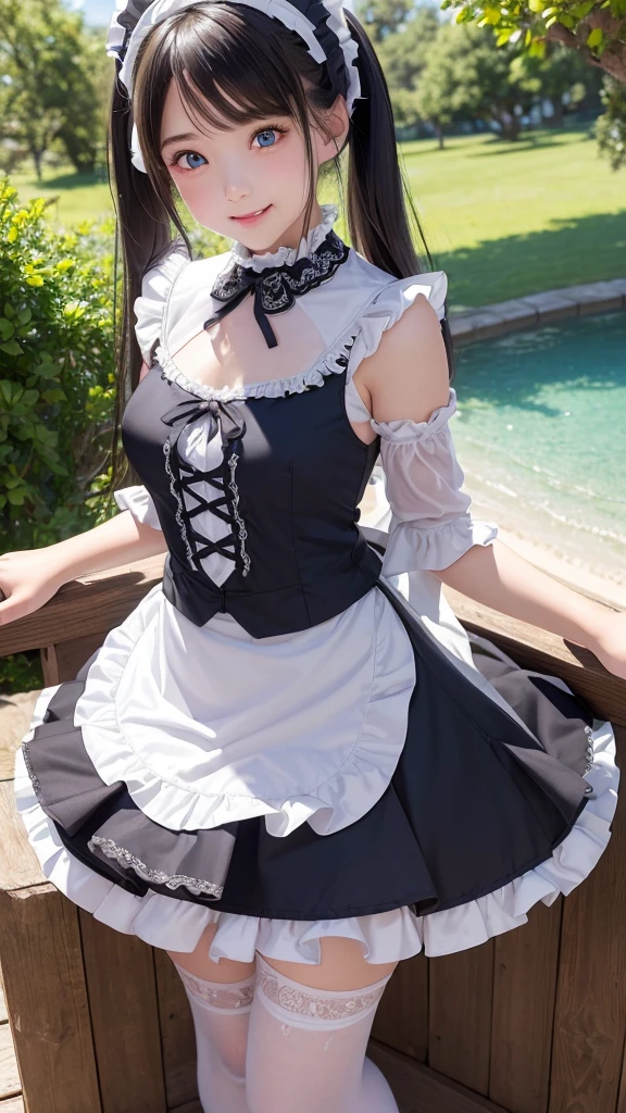 ((masterpiece)), ((highest quality、Ultra high definition)), (Very detailed),8K、Photo quality、((Amazingly cute girl)),( 14-year-old girl), Two people, , (Beautiful emerald blue eyes), ((smile)),In the open-air bath overlooking the sea, Beautifully arranged black hair in twin tails、whole body、((Super high-end white see-through summer gothic lolita maid costume、A super mini skirt with lots of frills))、Professional Lighting、(White lace knee-highore detailed and beautiful)、(More details and cutenesore realistic)、(((ウインクしている)))、