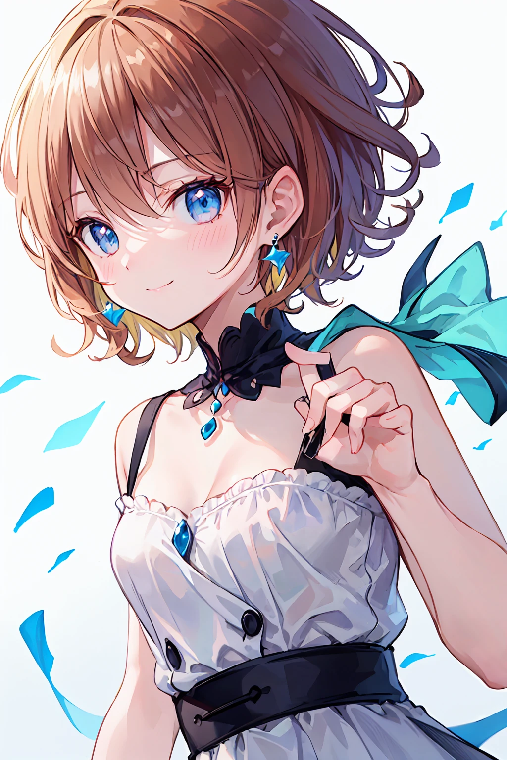 (Highest quality), (Ssuperiorer detailed), (Best illustrations), (masterpiece), score_9, score_8_superior, score_7_superior, masterpiece, Crazy Details, 4K,
(woman), put your hands in your hair, (Small breasts:1.2), {Brown Hair, (Sideburns), (Bobcut:1.3), Curly Hair, Hair between the eyes, Inner hair color}, {(Fine grain), blue eyes}, Captivating smile, blush, Earrings, Wind, White Background