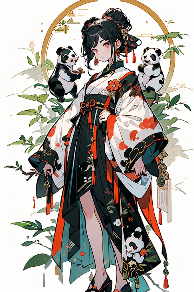 white backgrounid,Under bamboo leaves, (The panda sits on a branch),pandas,(1Blittle girl:1.5,The upper part of the body,looking at viewert),Pink and white clothes,facial closeups,big beatiful eyes,detailed face with,Flashy clothes,Ethereal panda,(Chinese Panda),Dreamy,Onmyoji detailed art,A beautiful artwork illustration,mythological creatures,pandas,Beautiful digital artwork,shoes,Footwear, China_dress,