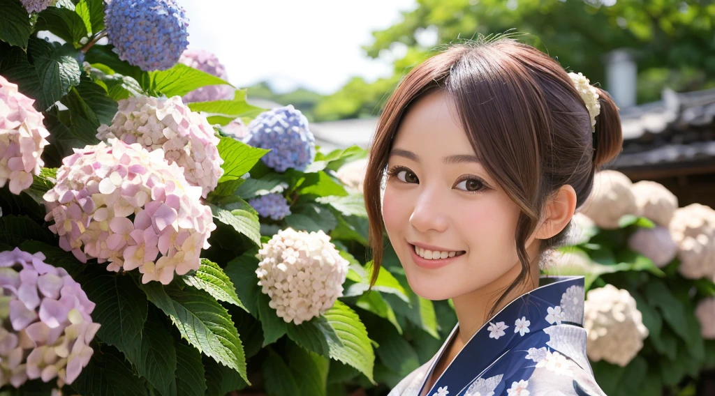 Generate a beautiful woman with chestnut hair wearing a yukata. The background features hydrangea flowers. Focus on the upper body with a smiling expression.