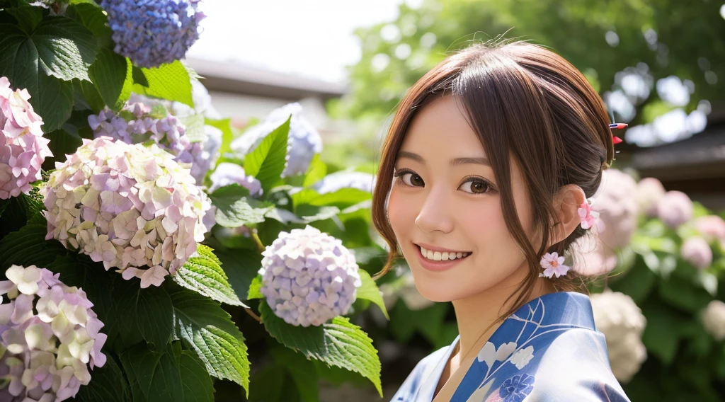 Generate a beautiful woman with chestnut hair wearing a yukata. The background features hydrangea flowers. Focus on the upper body with a smiling expression.