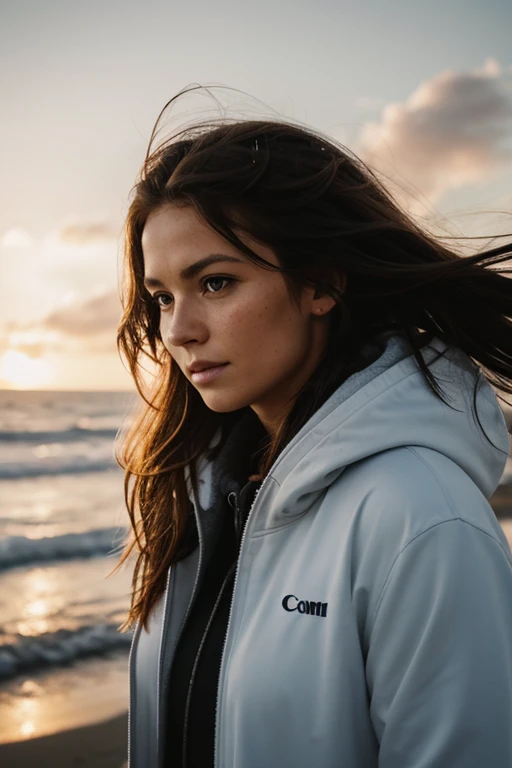 Nordic women,A strong wind is blowing,Beach Long Hair,Cool look,38 years old,Gaze to the left,film shooting,Cloudy,Clothes are hoodies,Black Hair,A few freckles,snow,Flying Hair,Big messy hair,Surrealism,depth of field,Cold wind,Hair in face,lens flare, f/1.8, 85mm, Canon, uhd, retina,Morning Glow,