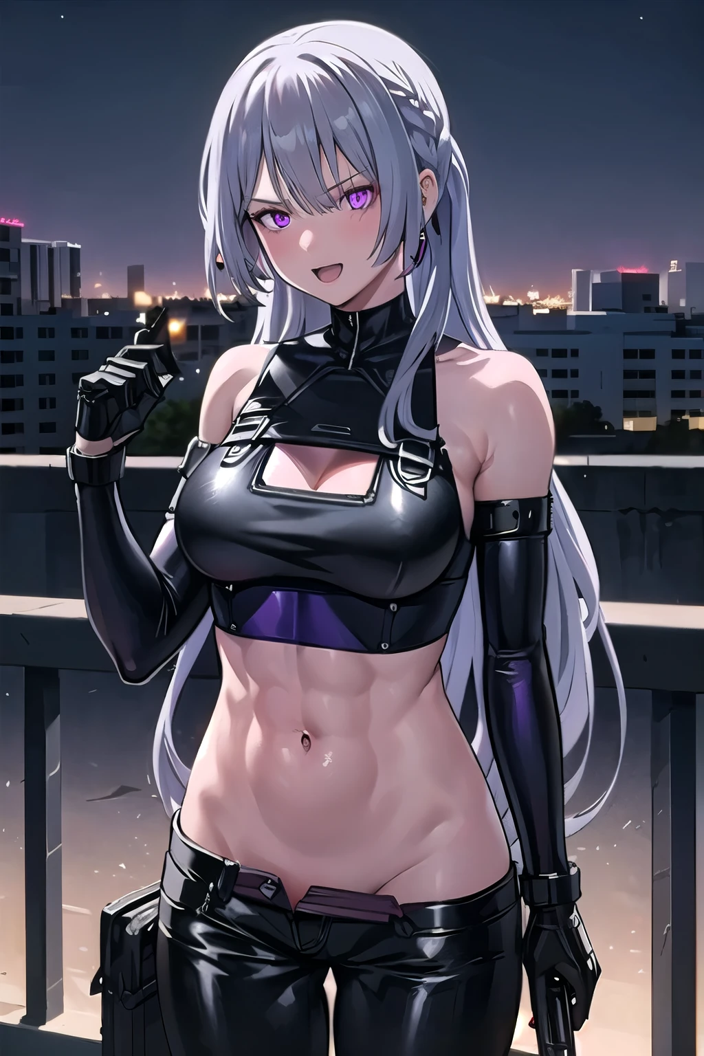 ak15, holding gun, assault rifle, glowing purple eyes, long hair, black hair, blush, lipstick,, outdoors, rooftop, cityscape, building, railing, night, night sky, scenery, moon, city lights, gloves, masterpiece, best quality, highly detailed, a girls with a gun, evil smile , open mouth, sexy gaze, badass
pose , evil smile, smile, (nsfw) not safe for work, guns blazing, anime girl with long hair, beautiful long
haired girl, navel, evil expression, exposed belly, exposed navel, exposed midriff, exposed lower belly,
long black pants, crop top, cleavage, unbuttoned leather pants ,open fly, low rise black leather pants,
leather jacket, holding a gun, navel piercing