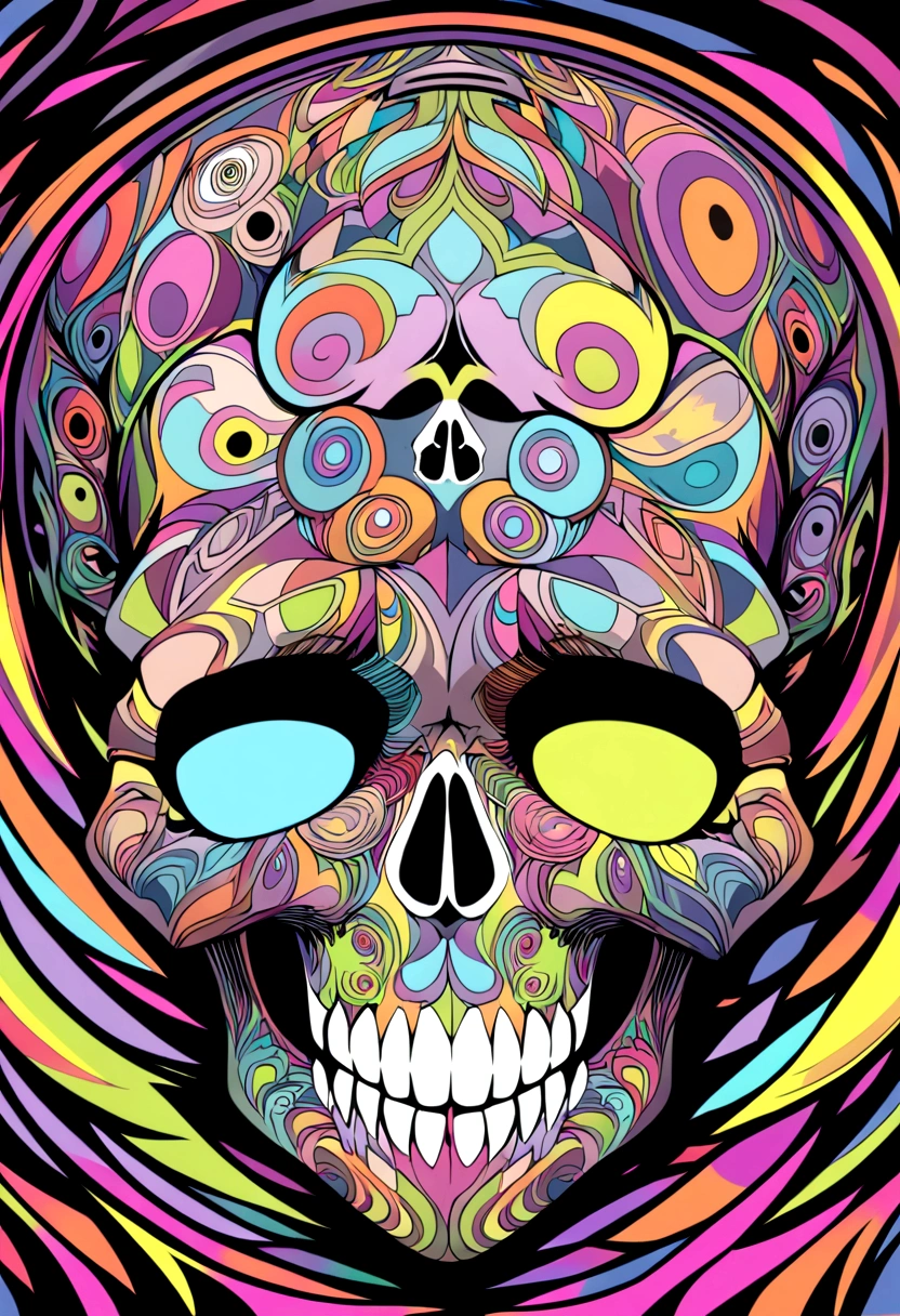 um close up de um skull com uma flor na cabeça, fantasy skull, scary detailed art in color, scary color art in 4 k, skull sagrado, evoking psychedelic background, detailed digital art, skull, skull sagrados, psychedelic illustration, skull de açúcar, skull face, Death skull, scary art in color, fundo vazio liminar do skull, psychedelic art style