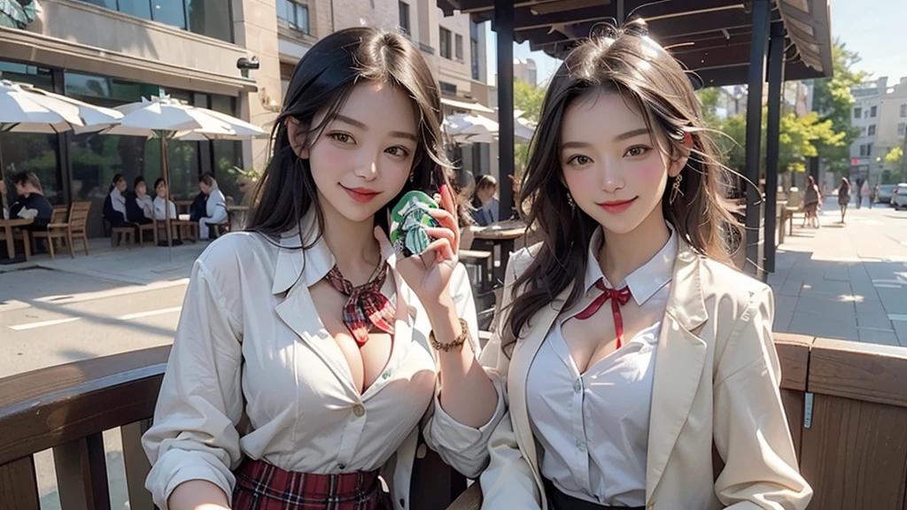 8K、RAW Photos、Highest quality、Super detailed、Super Resolution、Ultra HD、8K壁紙、Amazing details blazer uniform girl ((White blouse with formal collar, A nice red blazer, Black plaid skirt, Red checkered ribbon on blouse)), Complete limbs, Full Finger,
((((Starbucks outdoor cafe))))、16 year old female student、((Eat cake、Drink coffee、smile))、Heart Necklace、Gold bracelet
((Emphasize cleavage))