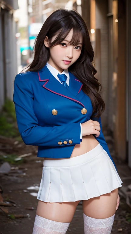 Ultra-high resolution,RAW Photos,Highly detailed skin and face,Highly detailed hair texture,Fine skin,Highly detailed eyes,Highly detailed lips,One Japanese girl standing in ruins and posing sexy,18-year-old,Wiggle your hips,Spread your legs,One leg raised,Blue Blazer Uniform,Blue pleated mini skirt,white thigh high stockings,Sexy panties visible,Very large breastodel Body Type,Perfect proportions,Looking shyly at the camera,Gentle smile,Healing facial expressions,cute,A beautiful girl with a neat face,high quality portrait,Professional Lighting,16K quality