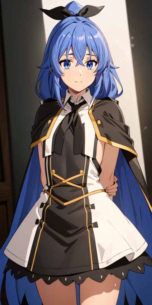 1girl,solo,full body,standing,(blue hair:1.2),long hair,twin braids,ahoge,(blue eyes:1.2),(beautiful fingers:1.2),(perfect anatomy:1.4),(arms_behind_back:1.4),(cold_shoulder:1.2),masterpiece,best quality,(Ultra high definition eyes:1.2),8k,(Beautiful detailed eyes:1.2),(Fine and beautiful eyes:1.2),(pretty eyes:1.2),finely detail,extremely CG, absurdres,high resolution,illustration,Detailed and beautiful outlines,finely detail,high resolution,(colorful refraction:1.4,Increase saturation:1.2),beautiful lighting,dynamic lighting,closed room,black background,simple background, smile,looking at viewer,white dress, neck ribbon, black ribbon, black skirt, brown cape