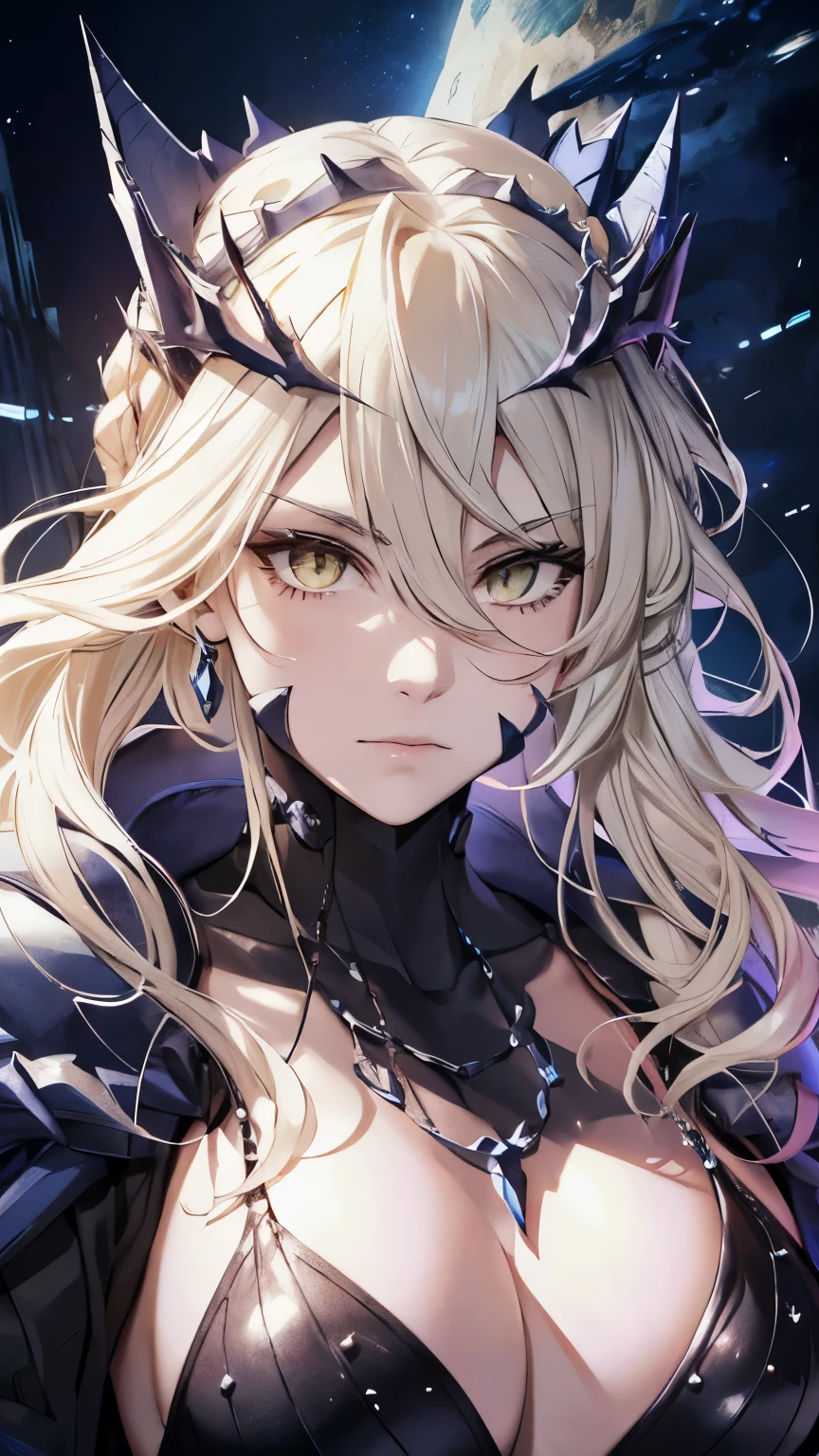 alone, (Highest quality,High resolution:1.2),Detailed portrait,Dark and mysterious,Artoria Pendragon from Fate/Grand Order, lancer alter,Glowing yellow eyes,Flowing Hair,armor,Crown of Thorns,Moonlight Background,Dramatic lighting,Divine Aura, Artorias, dark black and red armor