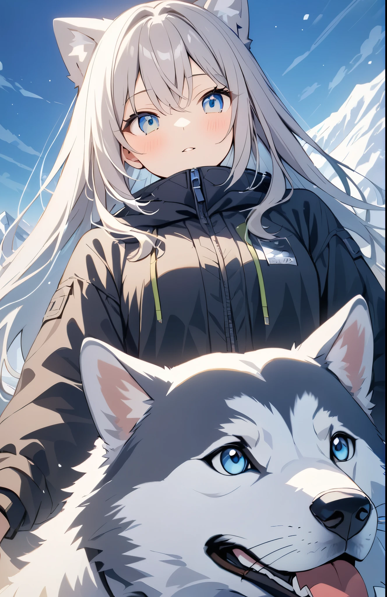 超High resolution, Attention to detail, high quality, High resolution, 最high quality, 4K, 8K, Awards、Absurd、Snow Mountain、Husky dog、Girl Dog Sledding、There is a snowstorm and visibility is poor.、Girl pulling a sled hard、Front view angle、A work with a positive vibe