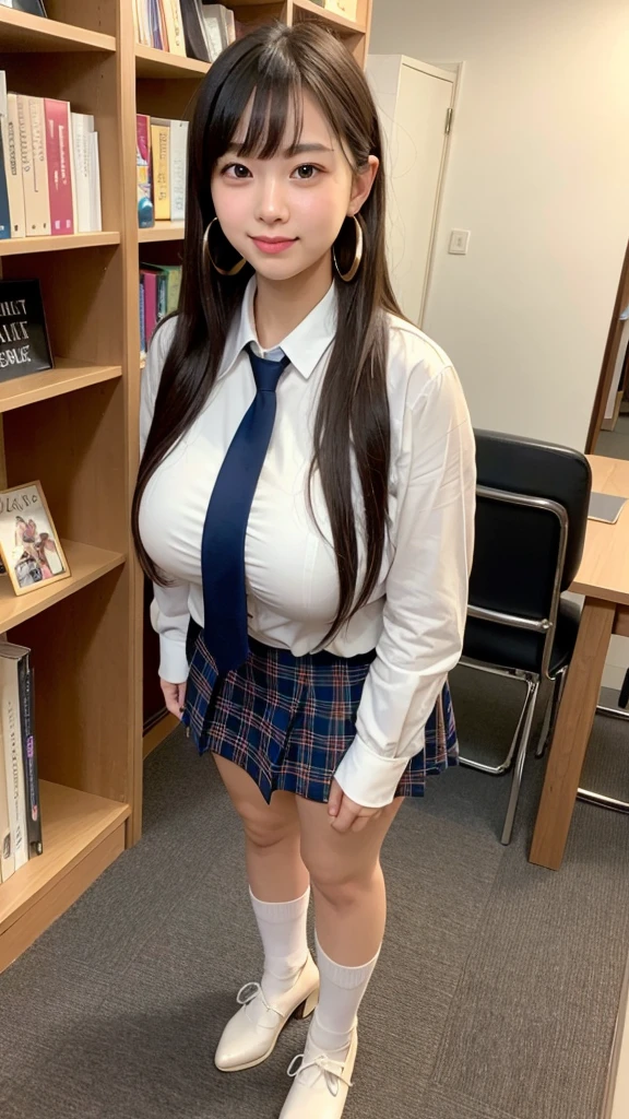 Full body shot of Lucy 20-year-old ultimate beauty、The voluptuous curves of her breasts,cute、Very beautiful face、Long bangs that cover the eyes, Nose and mouth、The most beautiful brunette hair in the world、Super long straight hair、Twin tail hairstyle, giant hoop earrings,Big beautiful sparkling light blue eyes、Beautiful white, glowing skin、Light Smile, Wearing a tie and a tartan skirt, White socks and high heels, Stand in the library