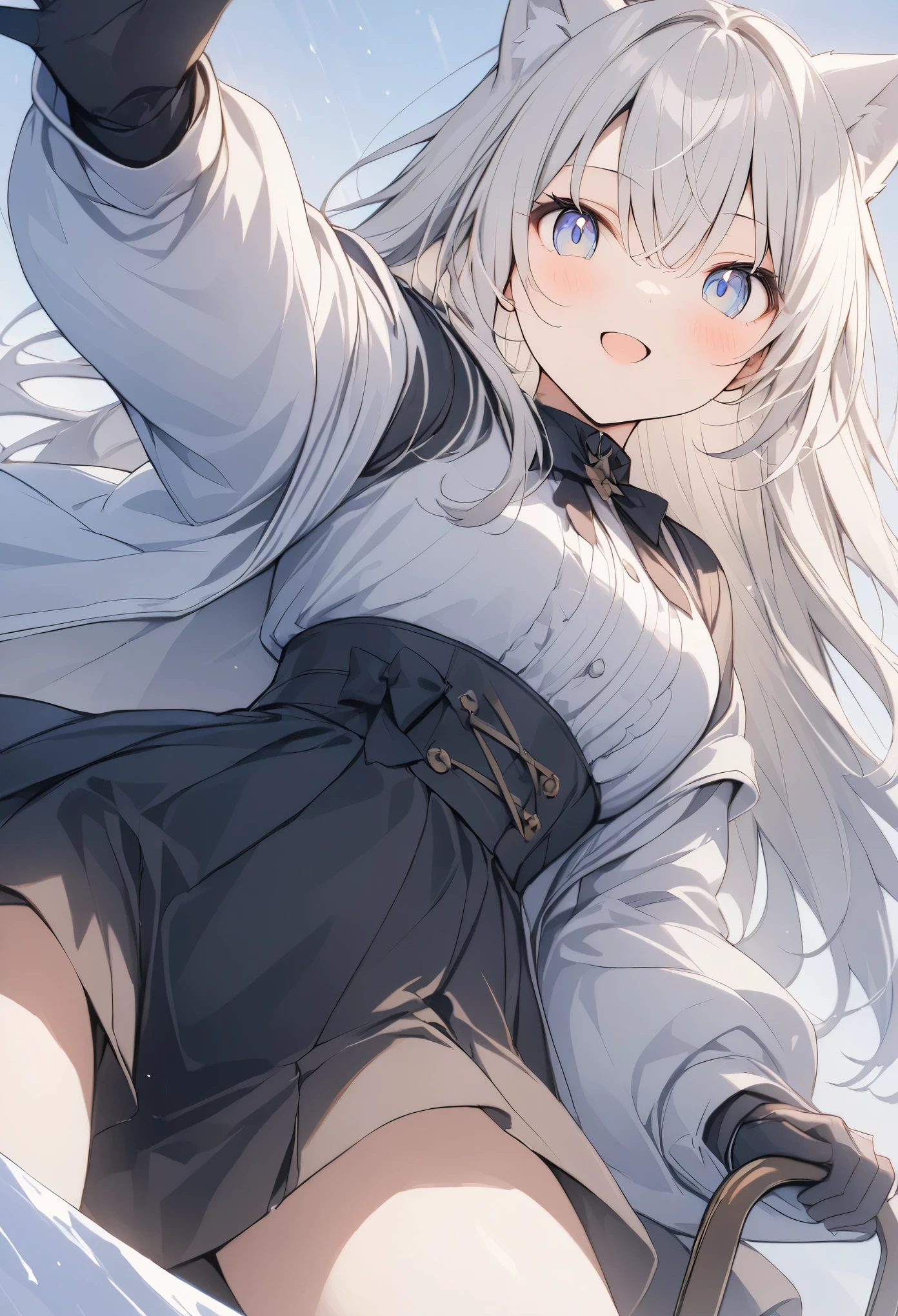 超High resolution, Attention to detail, high quality, High resolution, 最high quality, 4K, 8K, Awards、Absurd、Snow Mountain、Husky dog、Girl Dog Sledding、There is a snowstorm and visibility is poor.、Girl pulling a sled hard、Front view angle、A work with a positive vibe