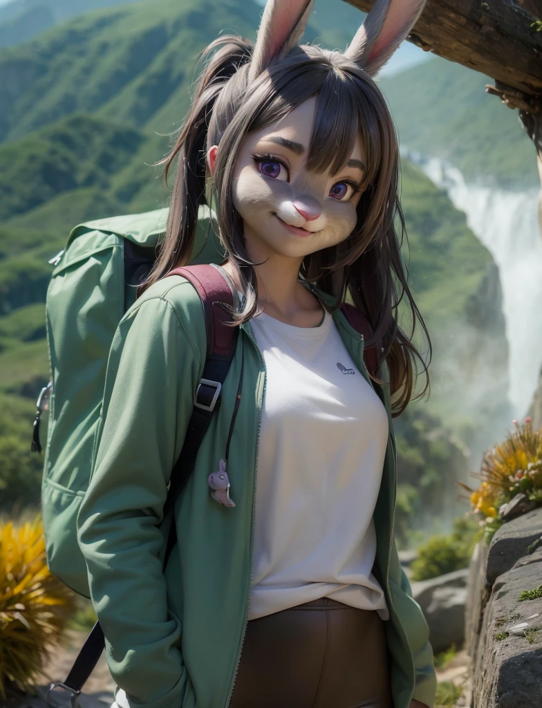 Highest quality,
masterpiece,
Ultra-realistic,
Super detailed,
Beautiful details,
4K,8K,upper,
pixar,
Photo realistic,
Medium Shot,
Background is ((Magnificent mountain)),
Realistic lighting,
hiking woman,
((Anthropomorphic rabbit)),
Detailed animals,
Complex patterns,
(Furry:1.35),
(All skin is grey:1.3),
(The body is fluffy and bushy:1.1),
Realistic fur,
Human hand,
(Judy Hopps face:1.35),
((ponytail hair)),
((side part bangs)), bangs,
((dark gray hair color)),
Purple eyes,
{Eye highlights, Clear eyes, Eyes sparkling, Large, round pupils},
Detailed Iris,
(Eyebrows raised:1.2),
(Crescent eyebrows:1.3),
(Bunny ears:1.3),
Smiling happily,
raised corners of mouth,
The woman is wearing T-shirt over the check shirt and shorts,
((White T-shirt)) BREAK ((gingham check shirt)) BREAK ((wine red Trekking Shorts)),
carry a backpack, rucksack,
(alone:1.5),
(1 Female:1.5),
Only 1 character,
Perfect Anatomy,
Lighting forward,
Lighting front,
sunlight,
Intricate details,
Ray Tracing,
Realistic,