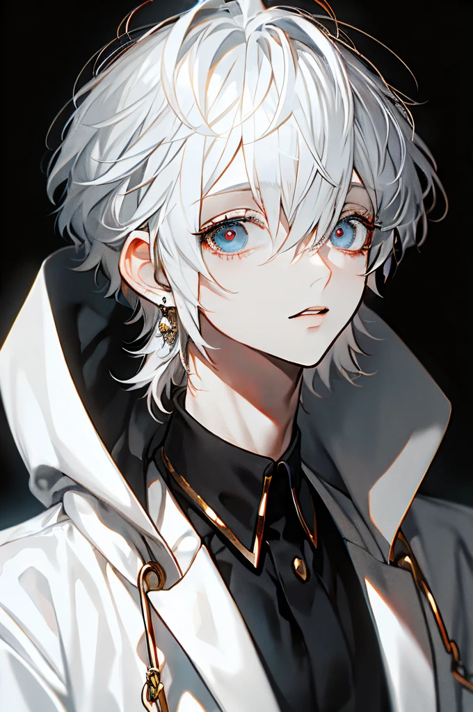Masterpiece, best quality, high quality, ultra detailed, 1Boy, white hair, cute, black clothes, lots of earrings, looking at viewer, simple background, purple eyes