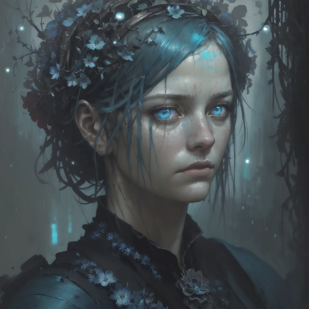 by Jeremy Mann, photorealistic, (male features), (colorful), Post-Production, Intricate, (radiosity), blue eyes, (highest quality), a colossal cyan raintree, gloomy, a closeup portrait of a [pensive|sorrowful] maid, a flowery wreath on her head, fireflies