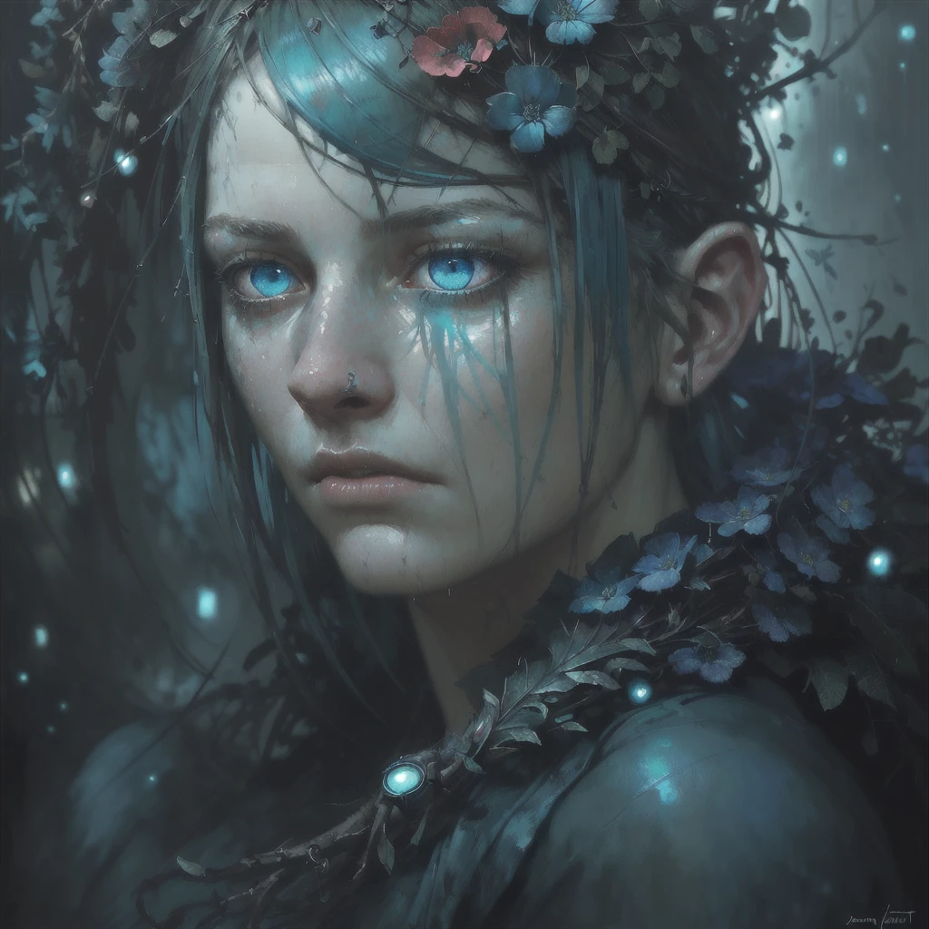 by Jeremy Mann, photorealistic, (male features), (colorful), Post-Production, Intricate, (radiosity), blue eyes, (highest quality), a colossal cyan raintree, gloomy, a closeup portrait of a [pensive|sorrowful] maid, a flowery wreath on her head, fireflies