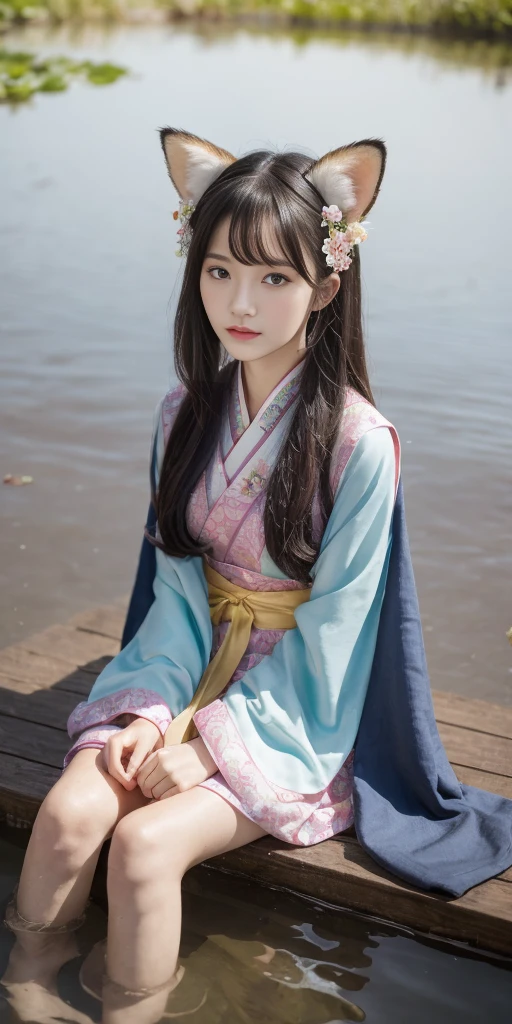 absurdres, highres, ultra detailed, (1girl:1.3), hand drawn, simple line,  girl in colorful Chinese Hanfu, sexy girl with fox ears, at the lotus pond, masterpiece, sitting in water, floating clothes, floating hair