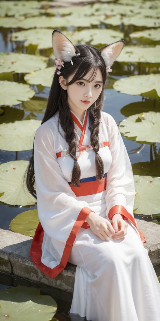 absurdres, highres, ultra detailed, (1girl:1.3), hand drawn, simple line, 16yo girl in colorful Chinese Hanfu, sexy girl with fox ears, at the lotus pond, masterpiece, sitting in water, floating clothes, floating hair