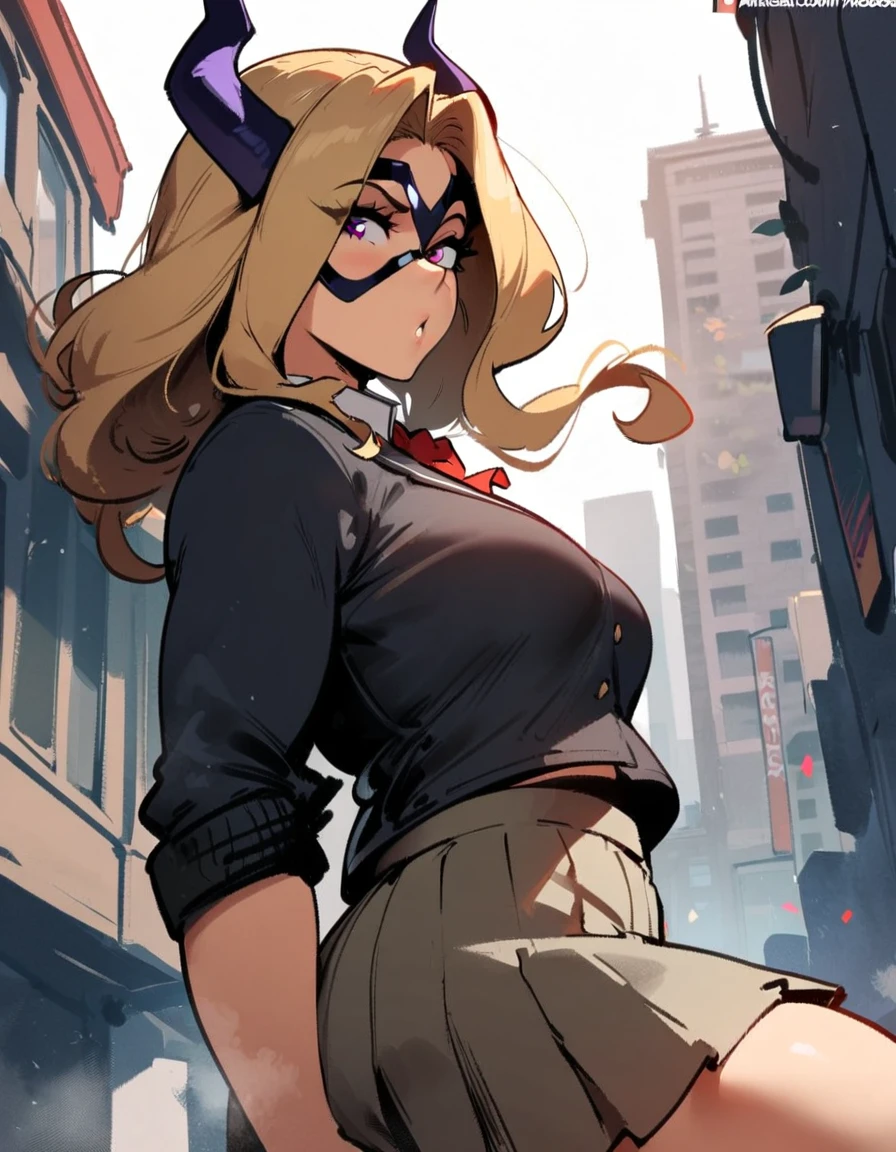 1girl, mount lady, boku no hero academia \\\\\ masterpiece, best quality, very aesthetic, absurdres, newest \\\\\\ sportive body, \\\\\\ by dodok, nyantcha, cutesexyrobutts, by khyle ///// blonde, purple eyes, (school uniform:1.2), skirt, city, 24 years old,