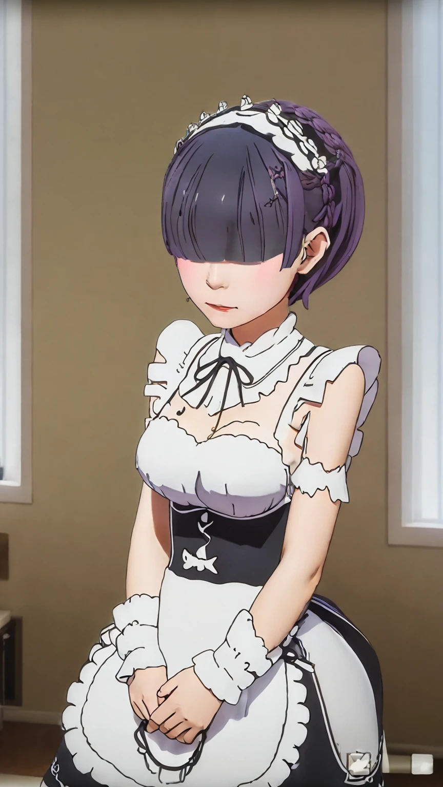 aaaqua, twintails, drill hair, maid headdress, cleavage, short sleeves, wrist cuffs,aarem, short hair, maid headdress, x hair ornament, hair ribbon, hair over one eye, large breasts, frills, neck ribbon, cleavage, dress, detached sleeves, white apron, waist apron, white pantyhose