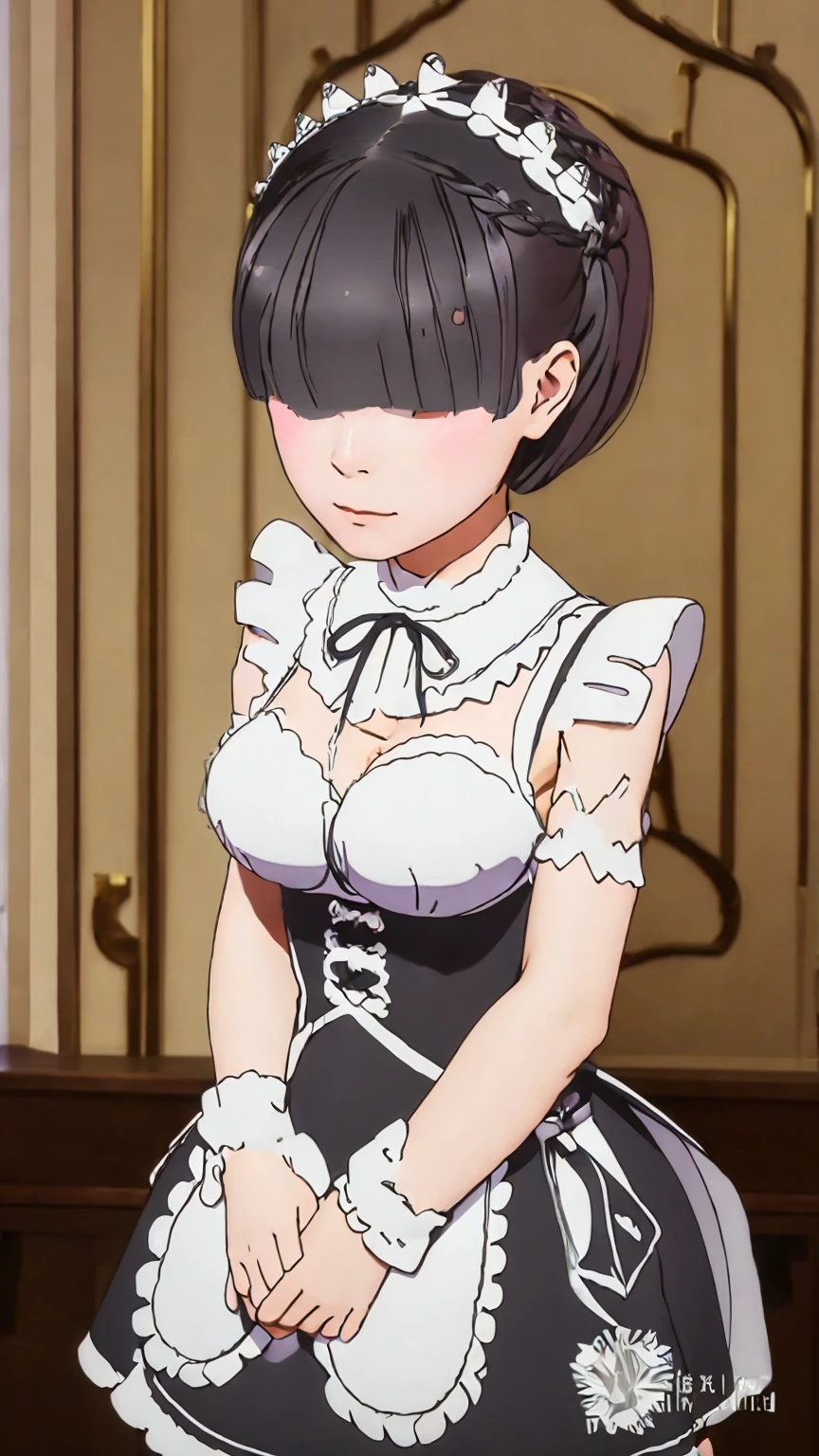 aaaqua, twintails, drill hair, maid headdress, cleavage, short sleeves, wrist cuffs,aarem, short hair, maid headdress, x hair ornament, hair ribbon, hair over one eye, large breasts, frills, neck ribbon, cleavage, dress, detached sleeves, white apron, waist apron, white pantyhose