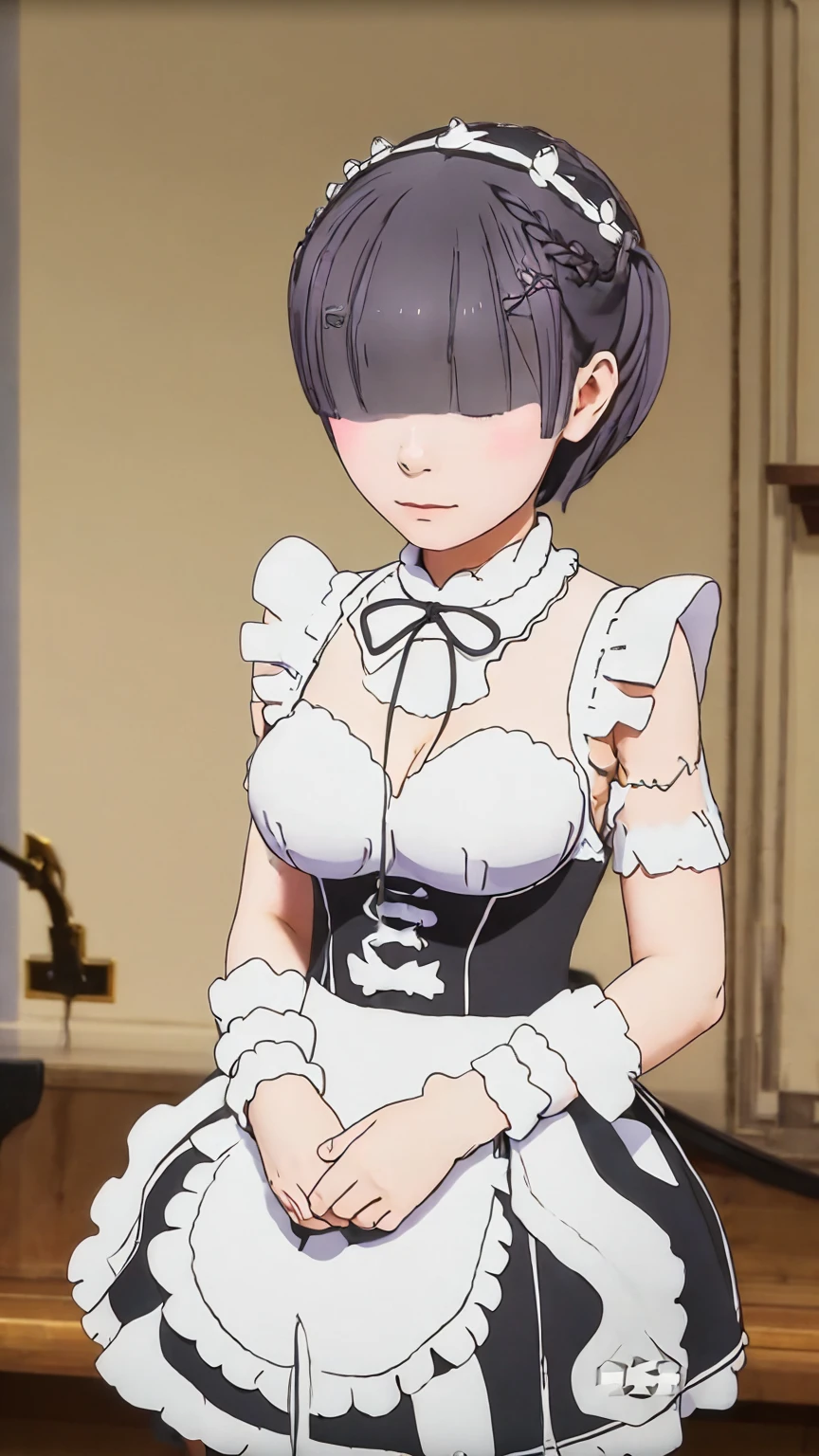 aaaqua, twintails, drill hair, maid headdress, cleavage, short sleeves, wrist cuffs,aarem, short hair, maid headdress, x hair ornament, hair ribbon, hair over one eye, large breasts, frills, neck ribbon, cleavage, dress, detached sleeves, white apron, waist apron, white pantyhose