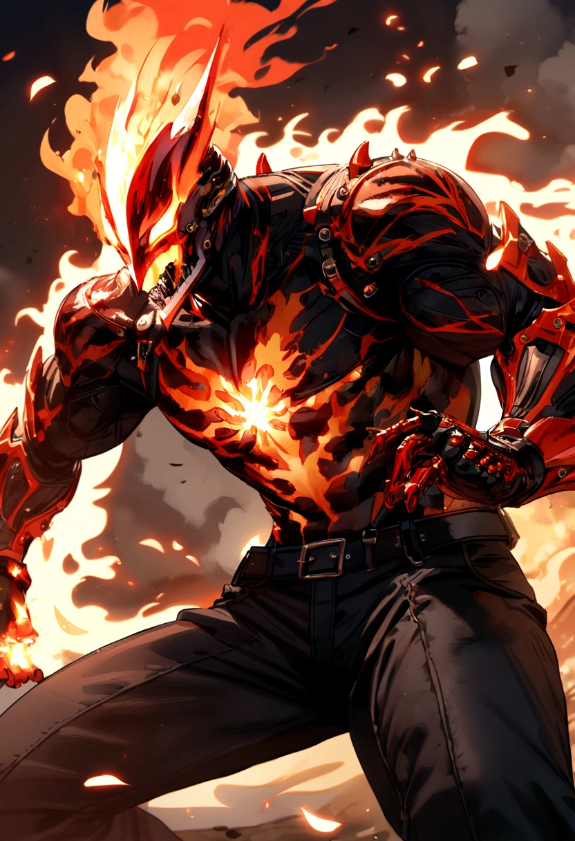 Gojo Satoru merged with Ghost Rider, looks ahead, more red, more details, Red eyes, pump the blow 