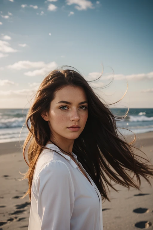 Nordic women,A strong wind is blowing,Beach Long Hair,Cool look,38 years old,Gaze to the left,film shooting,Cloudy,White shirt,Black Hair,A few freckles,snow,Flying Hair,Big messy hair,Surrealism,depth of field,Cold wind,Hair in face,lens flare, f/1.8, 85mm, Canon, uhd, retina,Morning Glow,