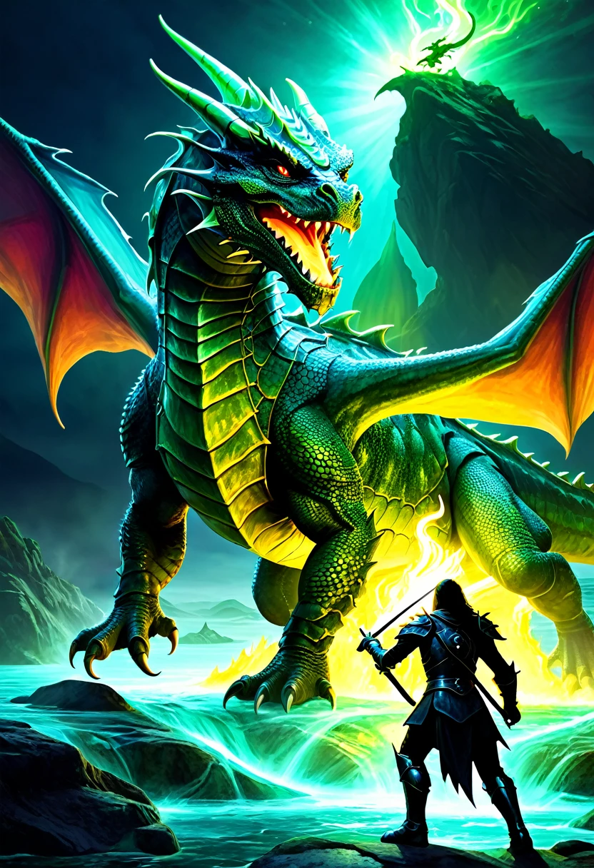 a medium level digital illustration of Atlantean reptilian warriors, Dragon Rider, Hedra, emerging as a luminary, fantasy art, epic battle scene, mystical creatures, glowing effects, dynamic composition, detailed armor, otherworldly landscape, vibrant colors, intricate details, powerful stance, magical elements