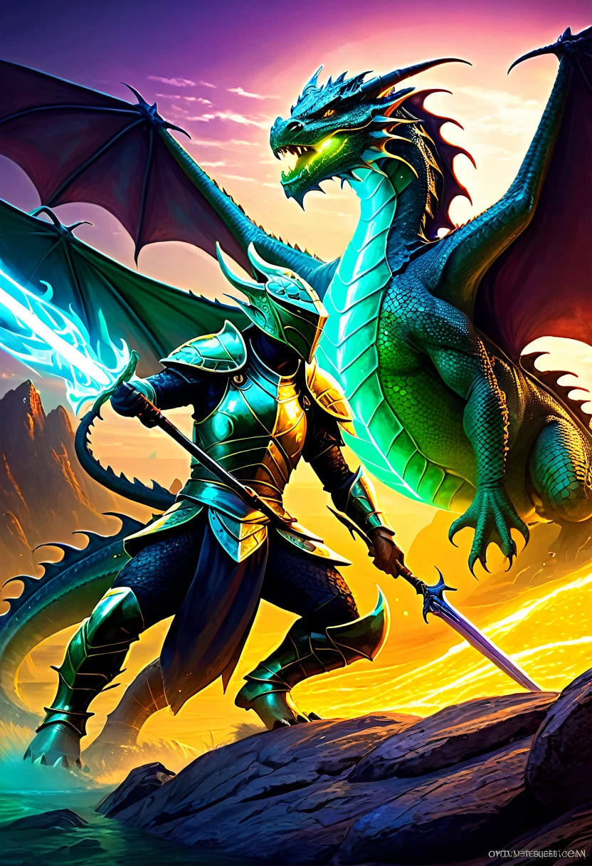 a medium level digital illustration of Atlantean reptilian warriors, Dragon Rider, Hedra, emerging as a luminary, fantasy art, epic battle scene, mystical creatures, glowing effects, dynamic composition, detailed armor, otherworldly landscape, vibrant colors, intricate details, powerful stance, magical elements