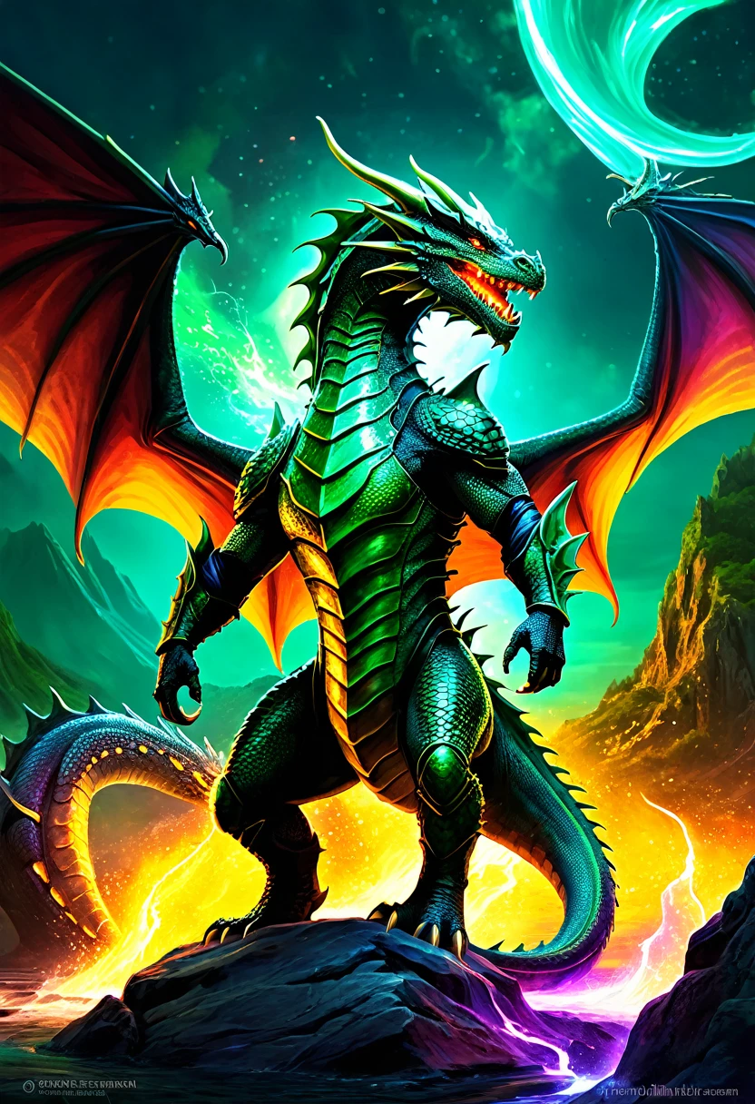 a medium level digital illustration of Atlantean reptilian warriors, Dragon Rider, Hedra, emerging as a luminary, fantasy art, epic battle scene, mystical creatures, glowing effects, dynamic composition, detailed armor, otherworldly landscape, vibrant colors, intricate details, powerful stance, magical elements