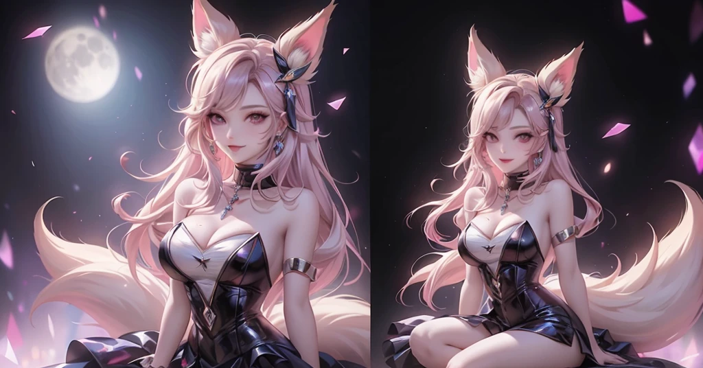 1girl, animal_ears, tail, pink_hair, solo, jewelry, breasts, naked_boobes, flong_hair, fox_ears, dress, fox_tail, cleavage, looking_at_viewer, ahri_(league_of_legends), earrings, black_dress, purple_eyes, necklace, sitting, bare_shoulders, moon, strapless_dress, facial_mark, strapless, fox_girl, multiple_tails, whisker_markings, medium_breasts, makeup, full_moon, blurry_background, gem, smile