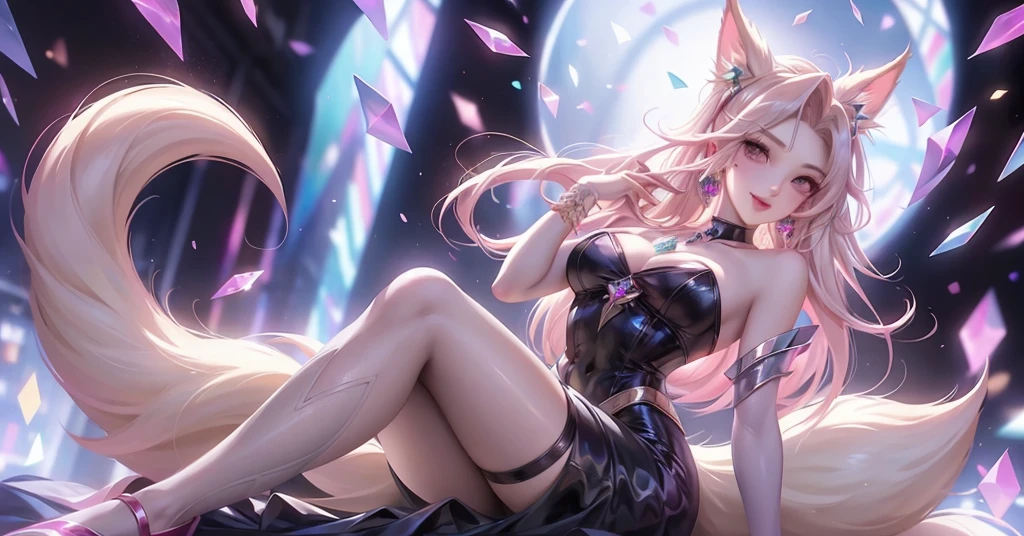1girl, animal_ears, tail, pink_hair, solo, jewelry, breasts, naked_boobes, flong_hair, fox_ears, dress, fox_tail, cleavage, looking_at_viewer, ahri_(league_of_legends), earrings, black_dress, purple_eyes, necklace, sitting, bare_shoulders, moon, strapless_dress, facial_mark, strapless, fox_girl, multiple_tails, whisker_markings, medium_breasts, makeup, full_moon, blurry_background, gem, smile