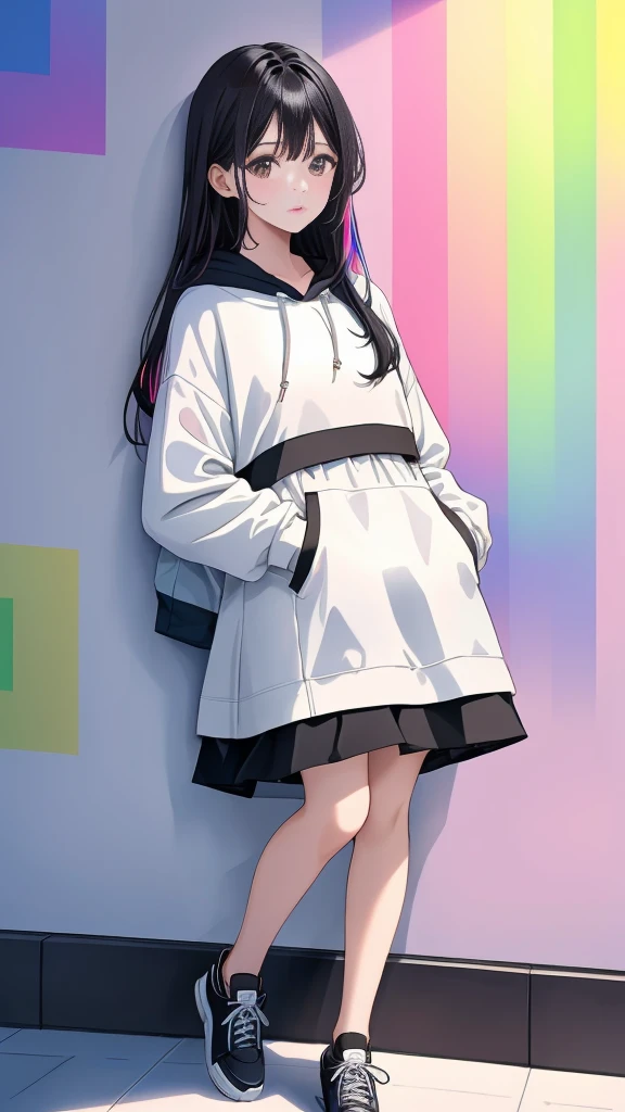 (((Highly detailed CG unit 8K wallpaper:1.2, masterpiece, High resolution:1.2, Highest quality:1.2, Tabletop))), ((Very beautiful woman, Place your hands behind your back.:1.8, Grunge Fashion, Wearing a colorful hoodie, White leggings, Putting on your shoes)), ((Highly detailed face, Highly detailed black eyes, Highly detailed body, Highest qualityのリアルテクスチャスキン)), (Black-haired, Hair length, White skin, small), ((colorful geometric pattern wall, Colorful wall)), (High Angle:1.2), Surreal, Digital Painting,