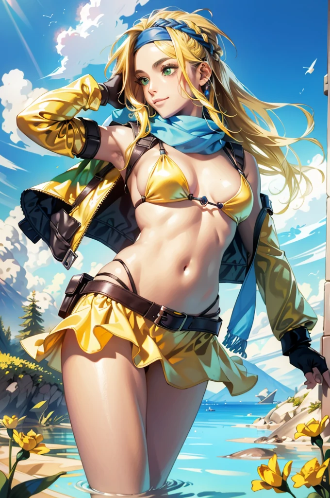 (masterpiece, highest quality:1.3)
backpack FF10, 1 girl, alone, long hair, chest, skirt, blonde hair, hair ornaments, gloves, belly button, green eyes, swimsuit, Braid, bikini, removed sleeve, miniskirt, fingerless gloves, scarf, head band, bird, bikini top only, @_@, yellow bikini, blue head band,super high quality,super high quality,masterpiece,digital single lens reflex,realistic,Detailed details,vivid details,depicted in detail,detailed face,Detailed details,Super detailed,realistic skin texture,based on anatomical basis,perfect anatomy,anatomically correct hand,anatomically correct fingers,Complex 3D rendering,sexy pose,beautiful yellow tulip field,Final Fantasy Worldview,Fantastic night view,fantastic night sky,beauty like a painting,smile,bewitching beauty,phantom river,