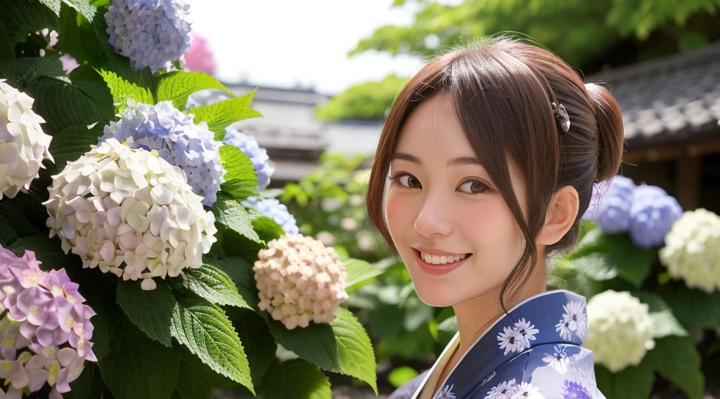 Generate a beautiful woman with chestnut hair wearing a yukata. The background features hydrangea flowers. Focus on the upper body with a smiling expression.