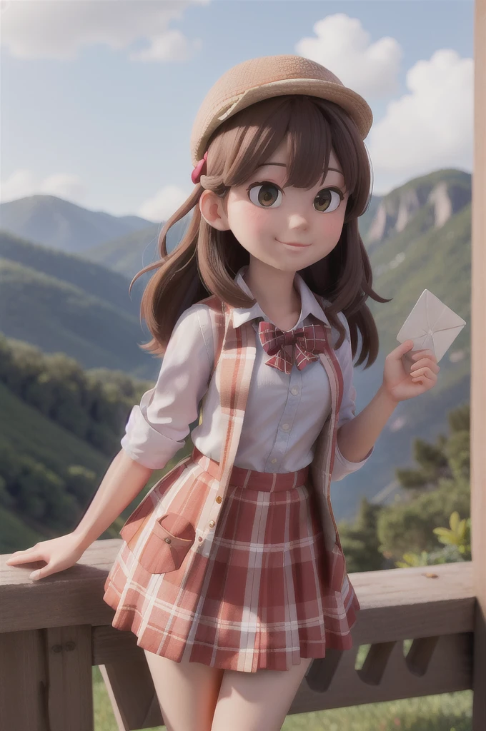masterpiece, high quality best quality,1girl, bangs, beach, blue_sky, blush, bow, breasts, checkered, checkered_shirt, checkered_skirt, cloud, cloudy_sky, collarbone, day, envelope, giving, grass, hair_bow, heart, holding, holding_letter, horizon, incoming_gift, kazami_yuuka, leaning_forward, lens_flare, letter, light_rays, long_hair, looking_at_viewer, love_letter, mountain, mountainous_horizon, ocean, outdoors, plaid, plaid_background, plaid_bikini, plaid_bow, plaid_bowtie, plaid_bra, plaid_dress, plaid_headwear, plaid_jacket, plaid_legwear, plaid_necktie, plaid_neckwear, plaid_panties, plaid_pants, plaid_ribbon, plaid_scarf, plaid_shirt, plaid_skirt, plaid_vest, pov, shirt, skirt, sky, smile, solo, sun, sunbeam, sunlight, tree, unmoving_pattern