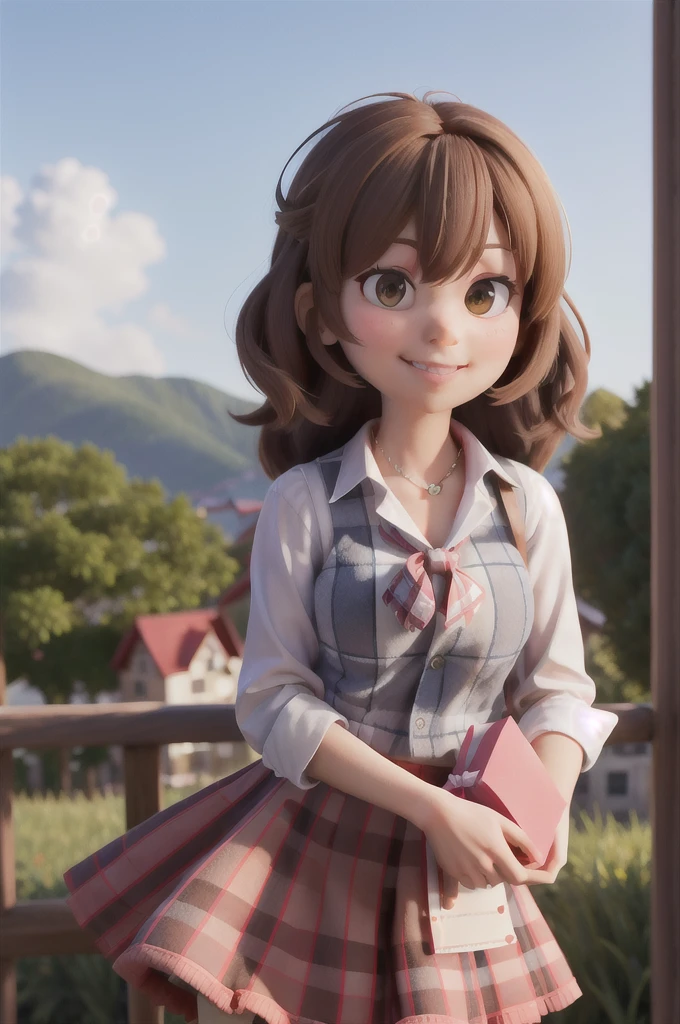 masterpiece, high quality best quality,1girl, bangs, beach, blue_sky, blush, bow, breasts, checkered, checkered_shirt, checkered_skirt, cloud, cloudy_sky, collarbone, day, envelope, giving, grass, hair_bow, heart, holding, holding_letter, horizon, incoming_gift, kazami_yuuka, leaning_forward, lens_flare, letter, light_rays, long_hair, looking_at_viewer, love_letter, mountain, mountainous_horizon, ocean, outdoors, plaid, plaid_background, plaid_bikini, plaid_bow, plaid_bowtie, plaid_bra, plaid_dress, plaid_headwear, plaid_jacket, plaid_legwear, plaid_necktie, plaid_neckwear, plaid_panties, plaid_pants, plaid_ribbon, plaid_scarf, plaid_shirt, plaid_skirt, plaid_vest, pov, shirt, skirt, sky, smile, solo, sun, sunbeam, sunlight, tree, unmoving_pattern