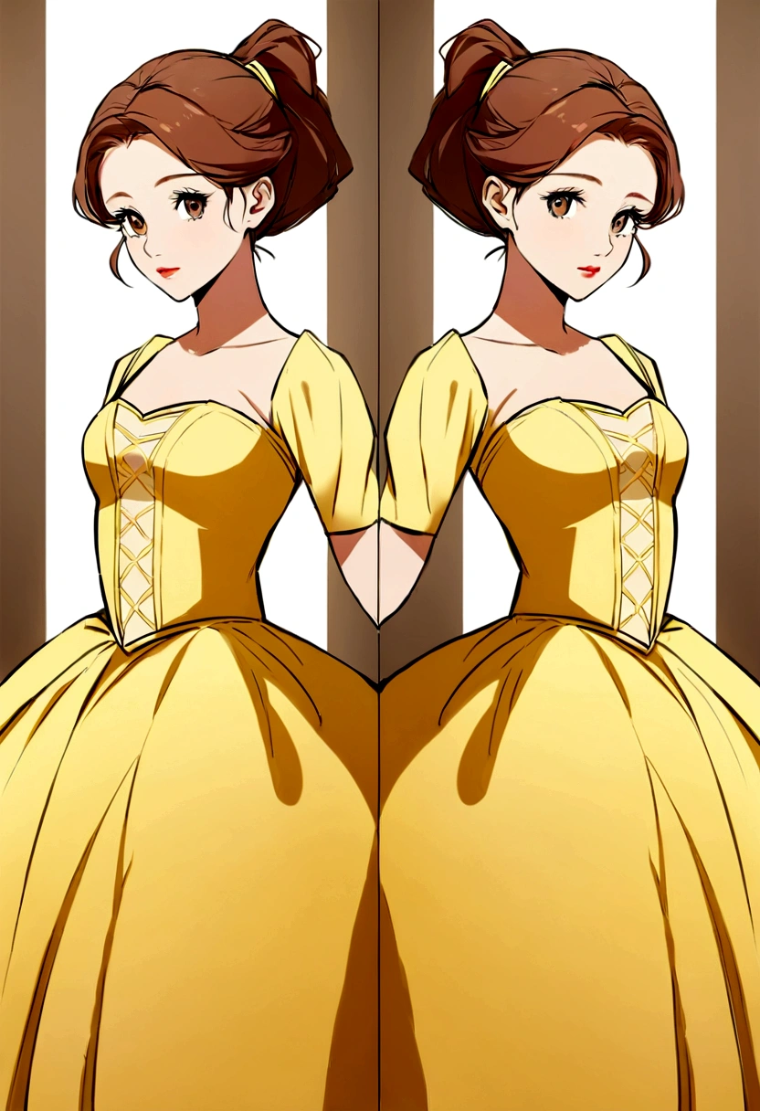 Create a close-up portrait in 4K resolution of Belle from Disney's Beauty and the Beast with a blank background. The portrait should capture her iconic features: her brown hair styled in a loose ponytail, her large, intelligent brown eyes, and a gentle, thoughtful expression. Belle should be wearing her classic yellow ball gown. The background should be completely blank (white or a solid color) to keep the focus on Belle. The lighting should be warm and elegant, emphasizing her beauty and grace without any distractions.