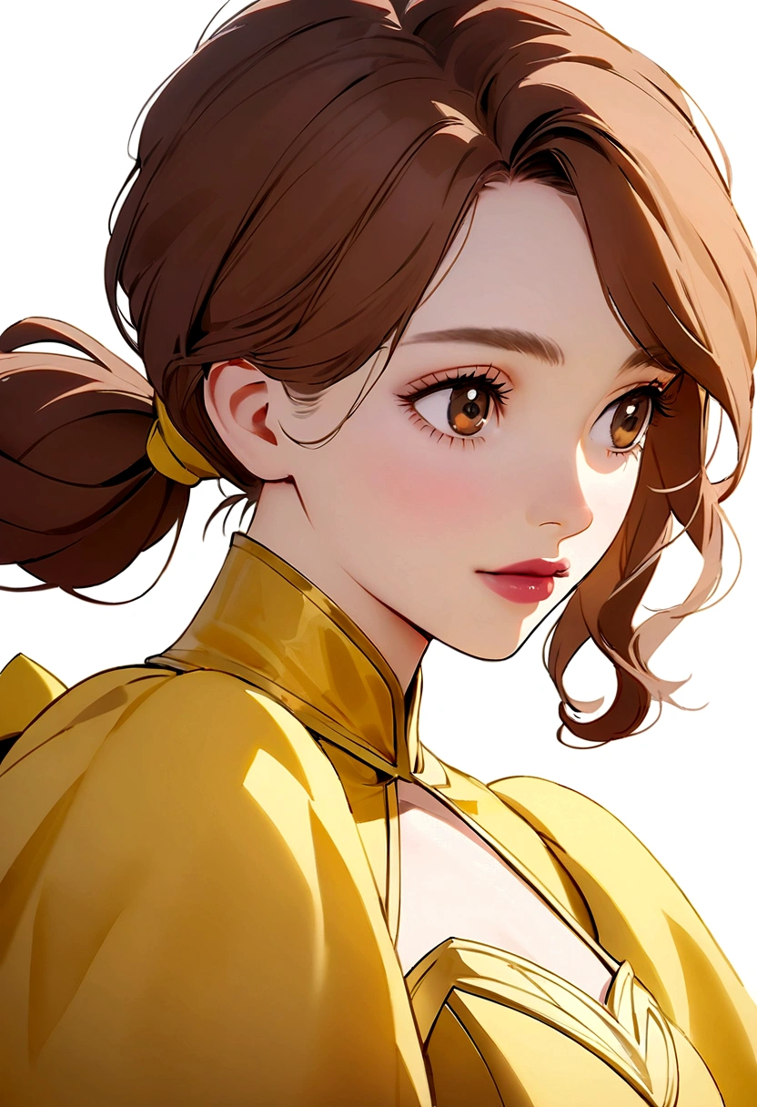 Create a close-up portrait in 4K resolution of Belle from Disney's Beauty and the Beast with a blank background. The portrait should capture her iconic features: her brown hair styled in a loose ponytail, her large, intelligent brown eyes, and a gentle, thoughtful expression. Belle should be wearing her classic yellow ball gown. The background should be completely blank (white or a solid color) to keep the focus on Belle. The lighting should be warm and elegant, emphasizing her beauty and grace without any distractions.