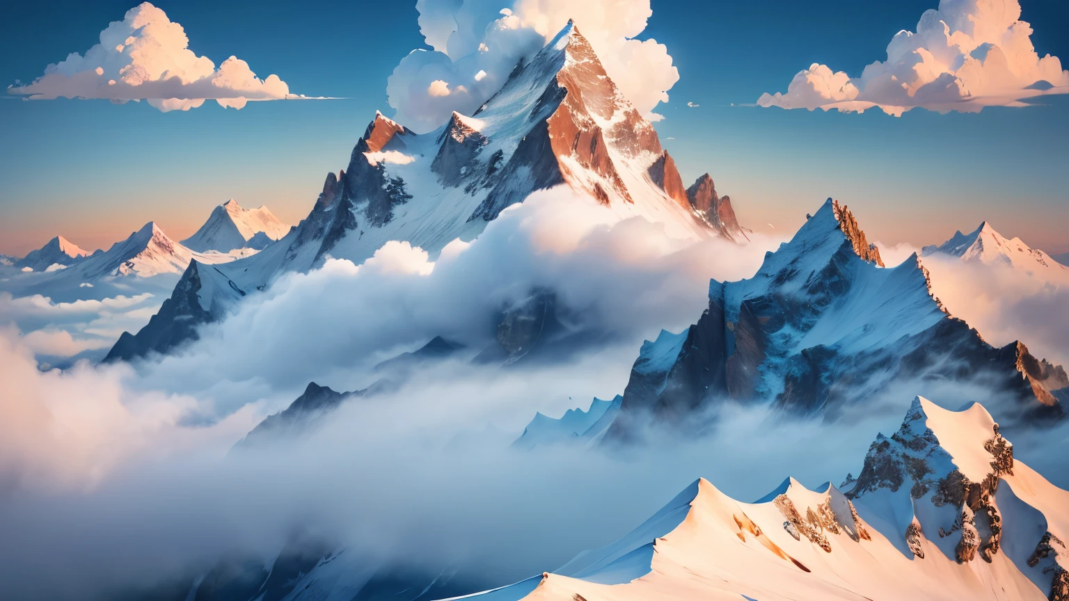 (Different world scene，The highest peak in the world，A mountain peak,)，Snowy mountain tops，beauty，Spectacular，majesty，Clouds，Steep，Towering into the sky，Crystal clear，山顶Clouds遮盖，Huge grandeur，Stands，Shock，Giant terror，Hilltop Greek temple