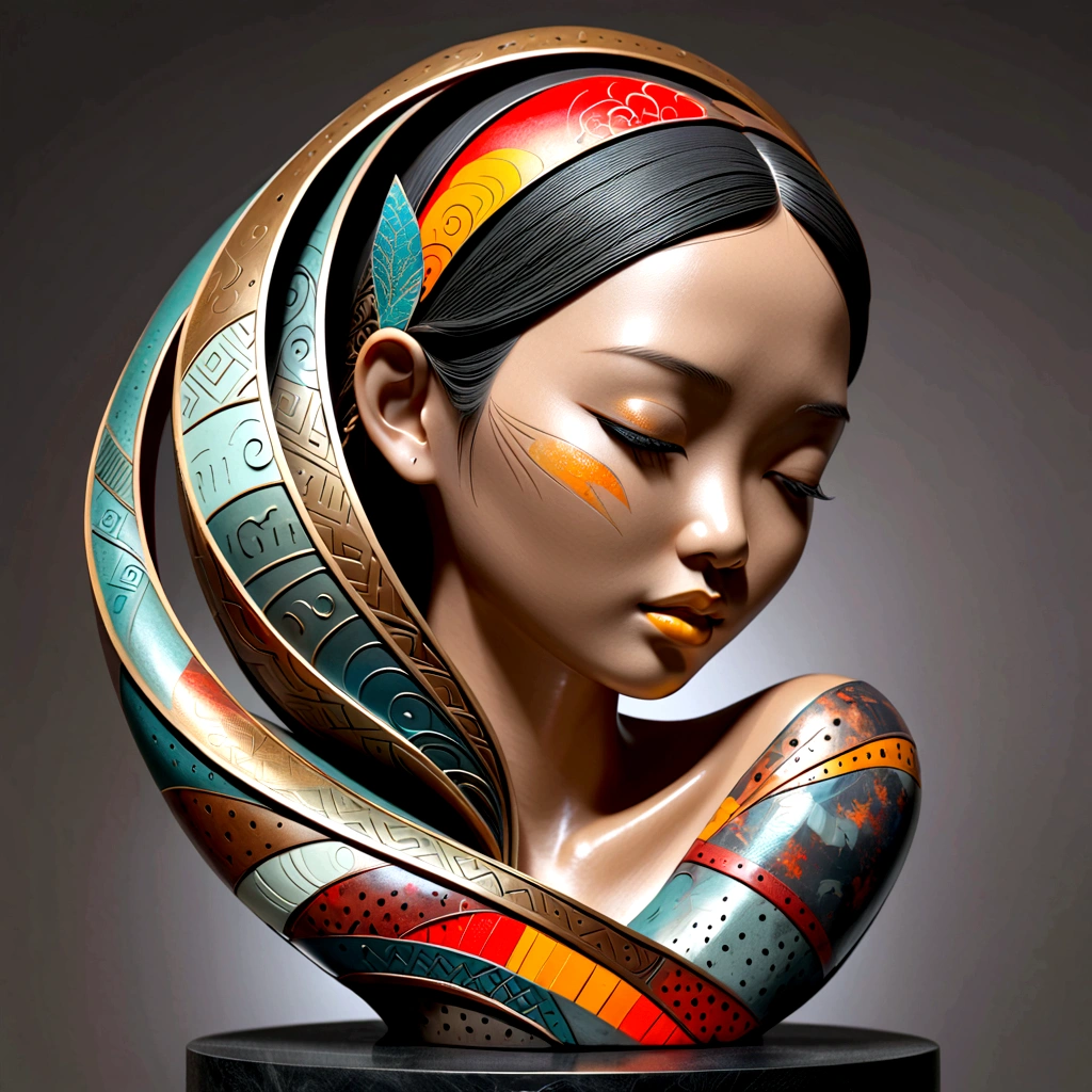 3D sculpture,young asian woman(Thai)half body,abstract art,greatly exaggerated