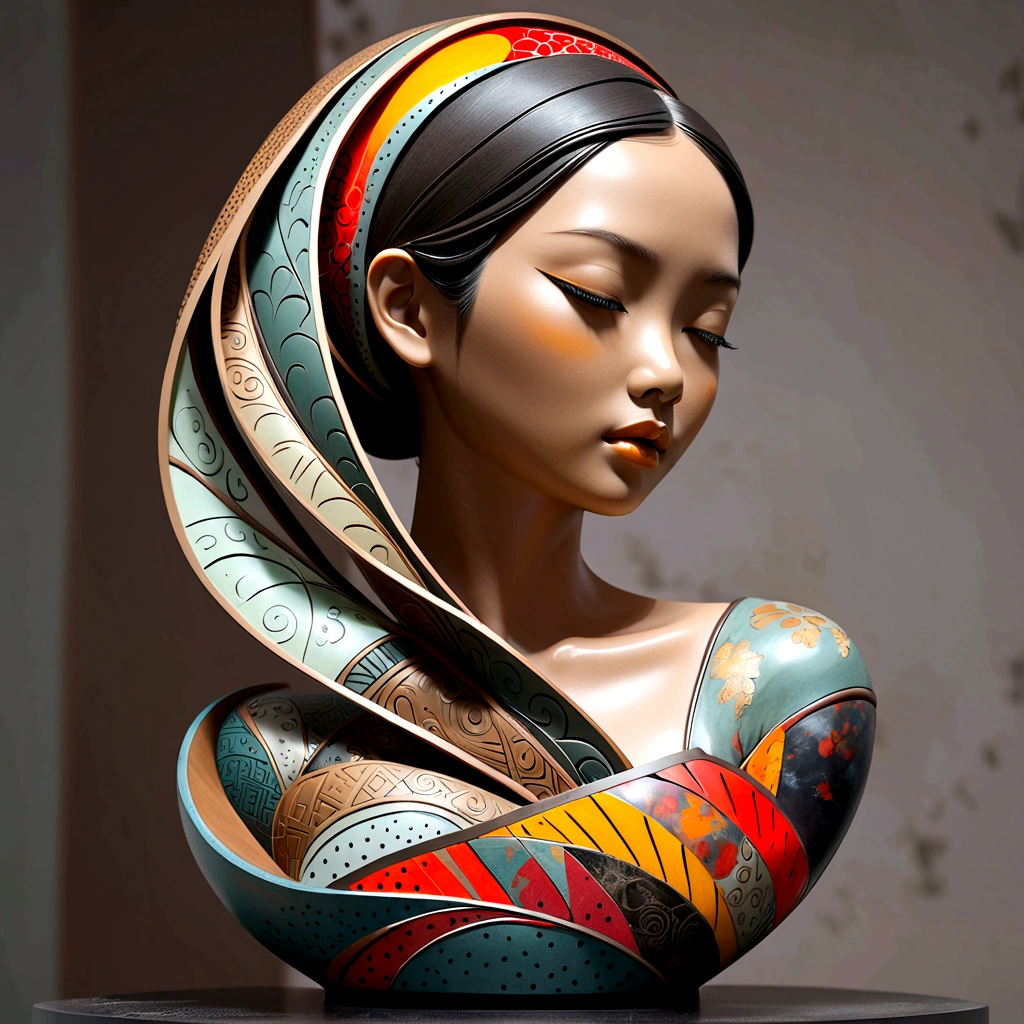 3D sculpture,young asian woman(Thai)half body,abstract art,greatly exaggerated