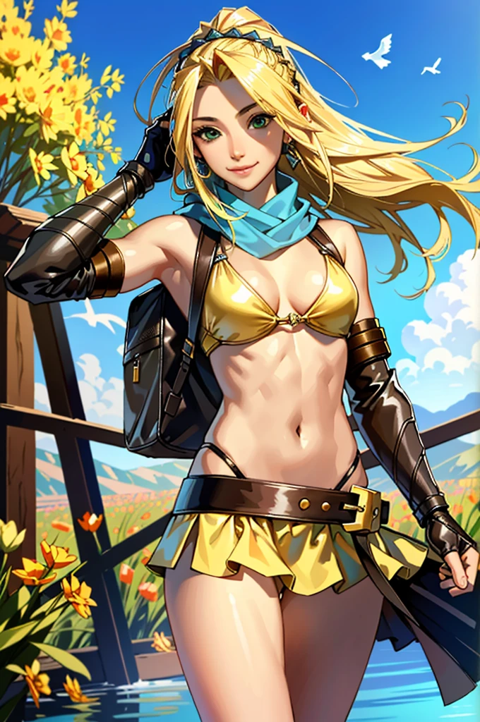 (masterpiece, highest quality:1.3)
backpack FF10, 1 girl, alone, long hair, chest, skirt, blonde hair, hair ornaments, gloves, belly button, green eyes, swimsuit, Braid, bikini, removed sleeve, miniskirt, fingerless gloves, scarf, head band, bird, bikini top only, @_@, yellow bikini, blue head band,super high quality,super high quality,masterpiece,digital single lens reflex,realistic,Detailed details,vivid details,depicted in detail,detailed face,Detailed details,Super detailed,realistic skin texture,based on anatomical basis,perfect anatomy,anatomically correct hand,anatomically correct fingers,Complex 3D rendering,sexy pose,beautiful yellow tulip field,Final Fantasy Worldview,Fantastic night view,fantastic night sky,beauty like a painting,smile,bewitching beauty,phantom river,