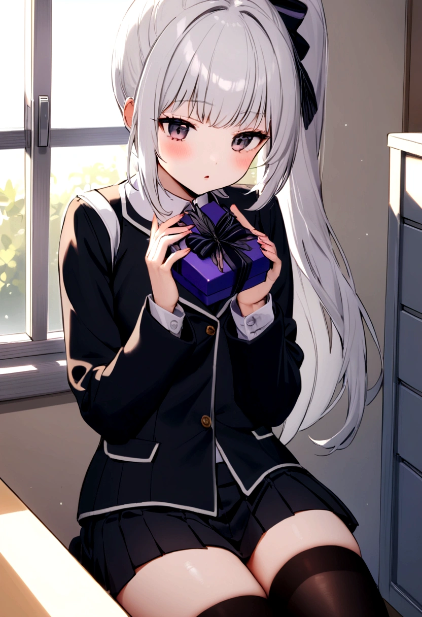 Older sister, white ponytail Black butterfly gift, , short skirt, long black stockings in school