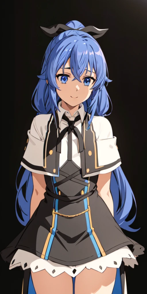 1girl,solo,full body,standing,(blue hair:1.2),long hair,twin braids,ahoge,(blue eyes:1.2),(beautiful fingers:1.2),(perfect anatomy:1.4),(arms_behind_back:1.4),(cold_shoulder:1.2),masterpiece,best quality,(Ultra high definition eyes:1.2),8k,(Beautiful detailed eyes:1.2),(Fine and beautiful eyes:1.2),(pretty eyes:1.2),finely detail,extremely CG, absurdres,high resolution,illustration,Detailed and beautiful outlines,finely detail,high resolution,(colorful refraction:1.4,Increase saturation:1.2),beautiful lighting,dynamic lighting,closed room,black background,simple background, smile,looking at viewer,white dress, neck ribbon, black ribbon, black skirt, brown cape